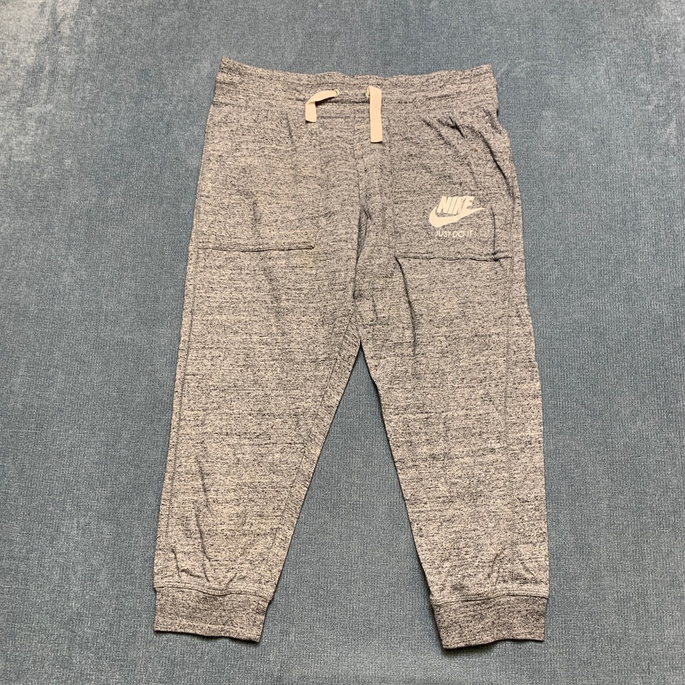 Nike Jogger Pants Women Small Gray Heathered Logo Drawstring Ribbed Cuffs Summer